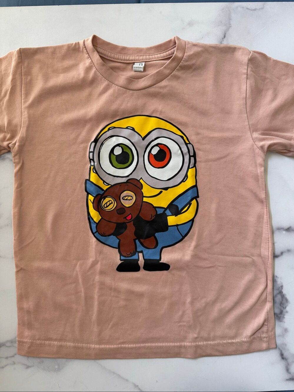 Minion holding teddy bear cute pink girls 5t t-shirt Outlash short sleeve crew n